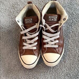 Converse Men’s Brown Leather High-Top Sneakers with White Toe